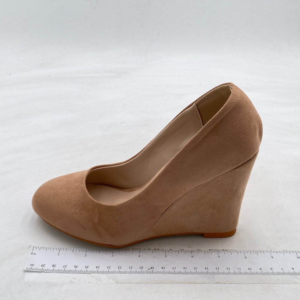 FOWT Nude Round Toe Pumps High Heel Wedges Slip On Casual Work Party Dress Shoes
